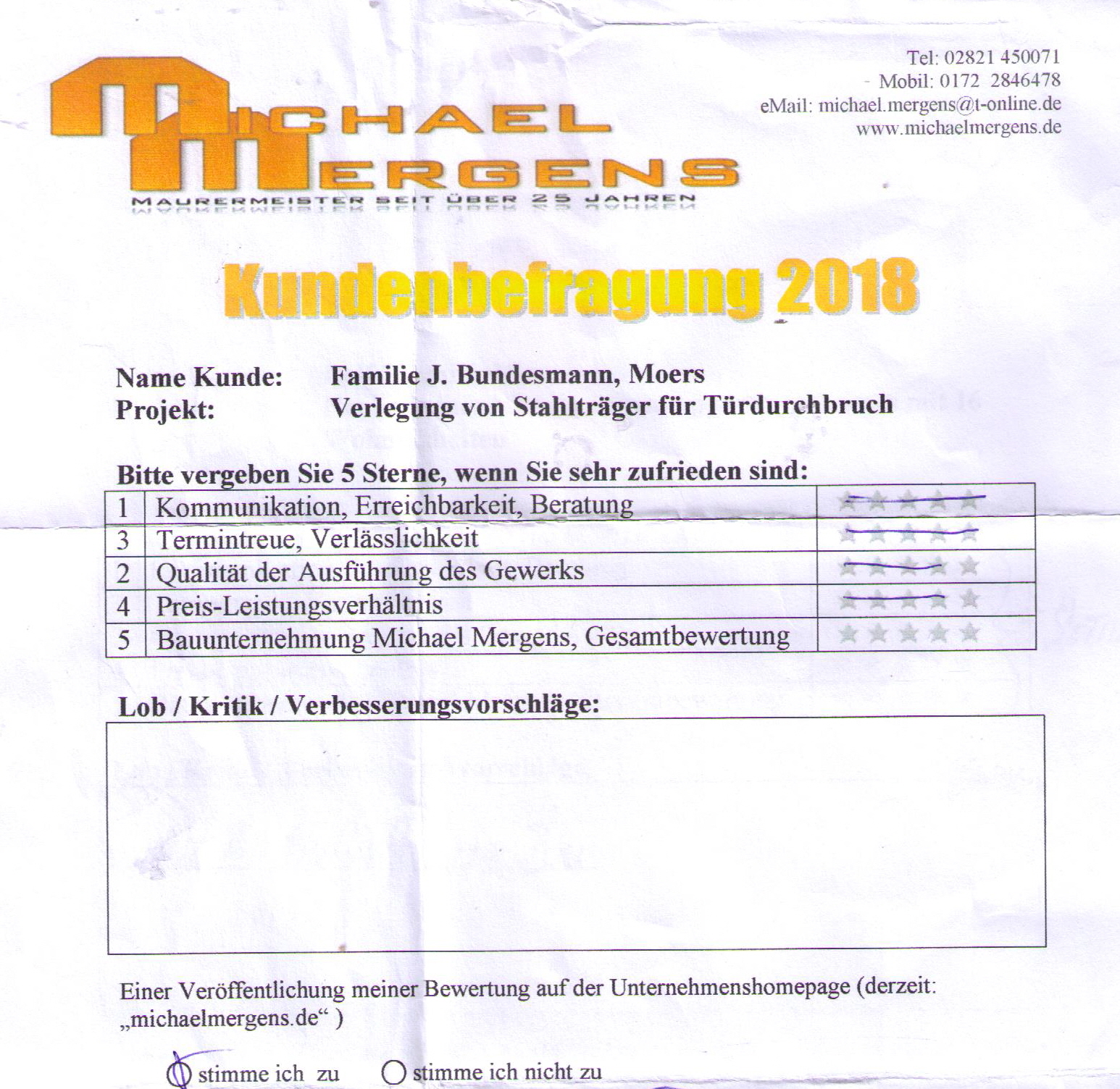 Bundesmann Moers 4,5 Sterne Bewertung für Bauunternehmen Michael Mergens GmbH