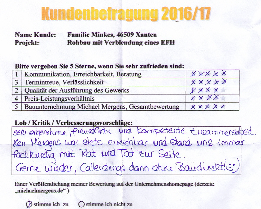 Minkes Xanten Erfahrungsbericht Hausbau 2017 positive Kundenbewertung
