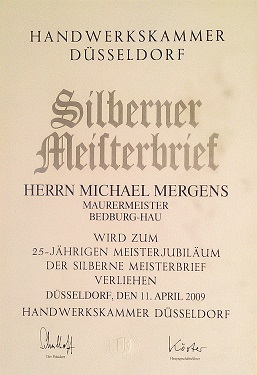 Silberner Meisterbrief Maurermeister Michael Mergens 25 Jahre Meisterbetrieb Ausbildungsbetrieb-klein